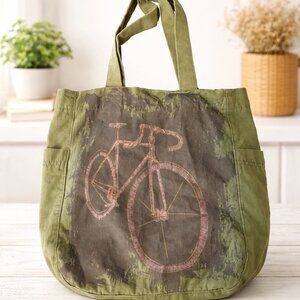 Green Canvas Bicycle Tote Bag | Eco Boho Market Shopping Bag